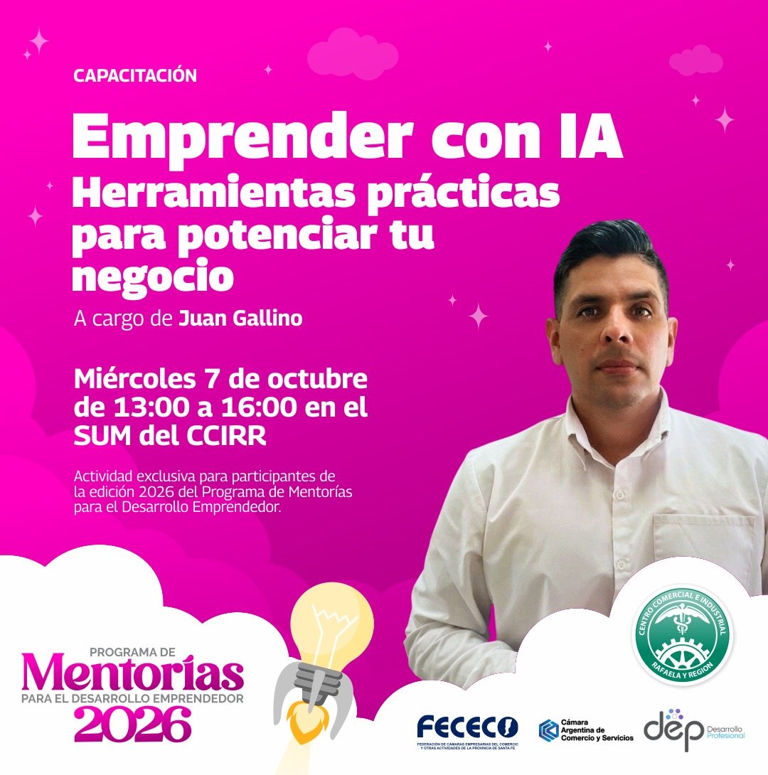 Flyer de la capacitación Emprender con IA, a cargo de Juan Gallino